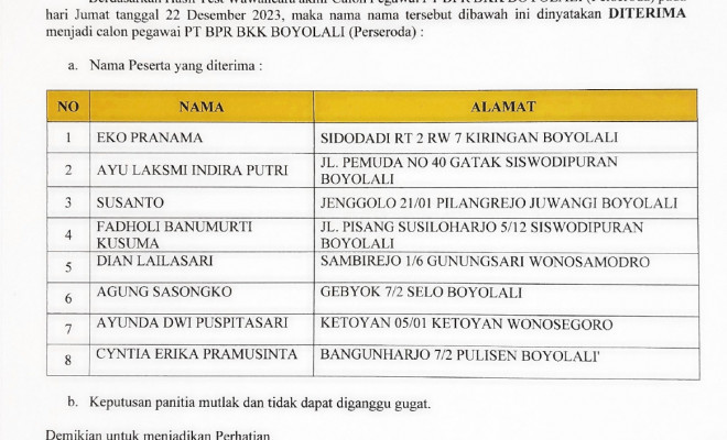 Pengumuman Akhir Penerimaan Calon Pegawai PT BPR BKK BOYOLALI (PERSERODA) tahun 2023